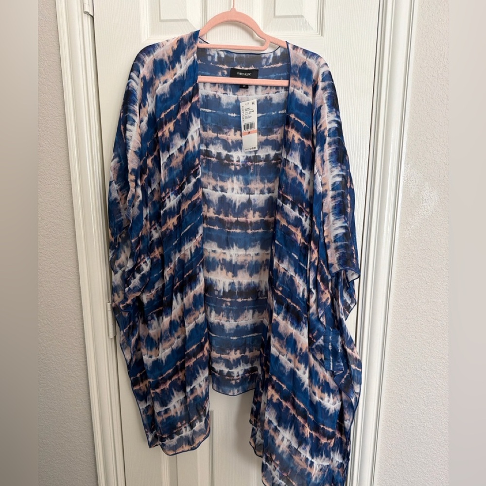 NWT Karen Kane Seaside Open Front Jacket 2X Blue Tie Dye Lightweight Cardigan